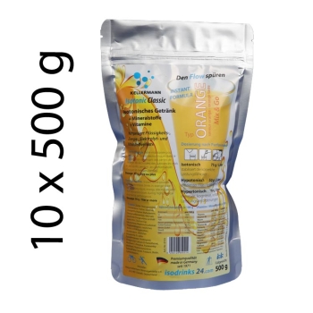 Isotonic sports drink for outdoor sports. Orange taste. Set with 10 packs of 500 g powdered drink.